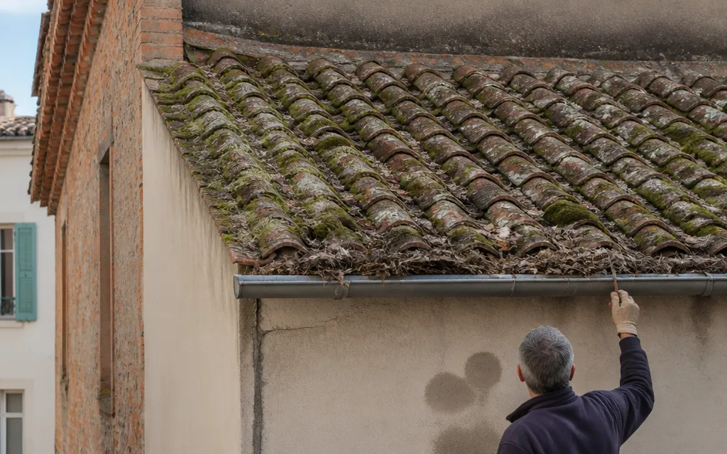 Lance de nettoyage basse pression passée sur un rang de tuiles encore couvert de mousse