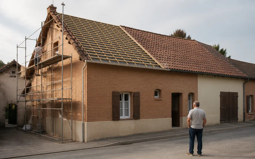 Versant à moitié refait, l’ancien couvert d’un côté et le neuf de l’autre