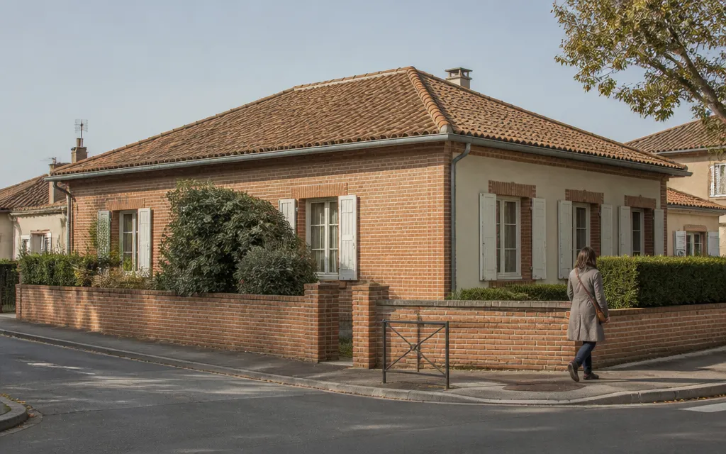 Maison de plain-pied vue de trois quarts, toiture entière dans le cadre