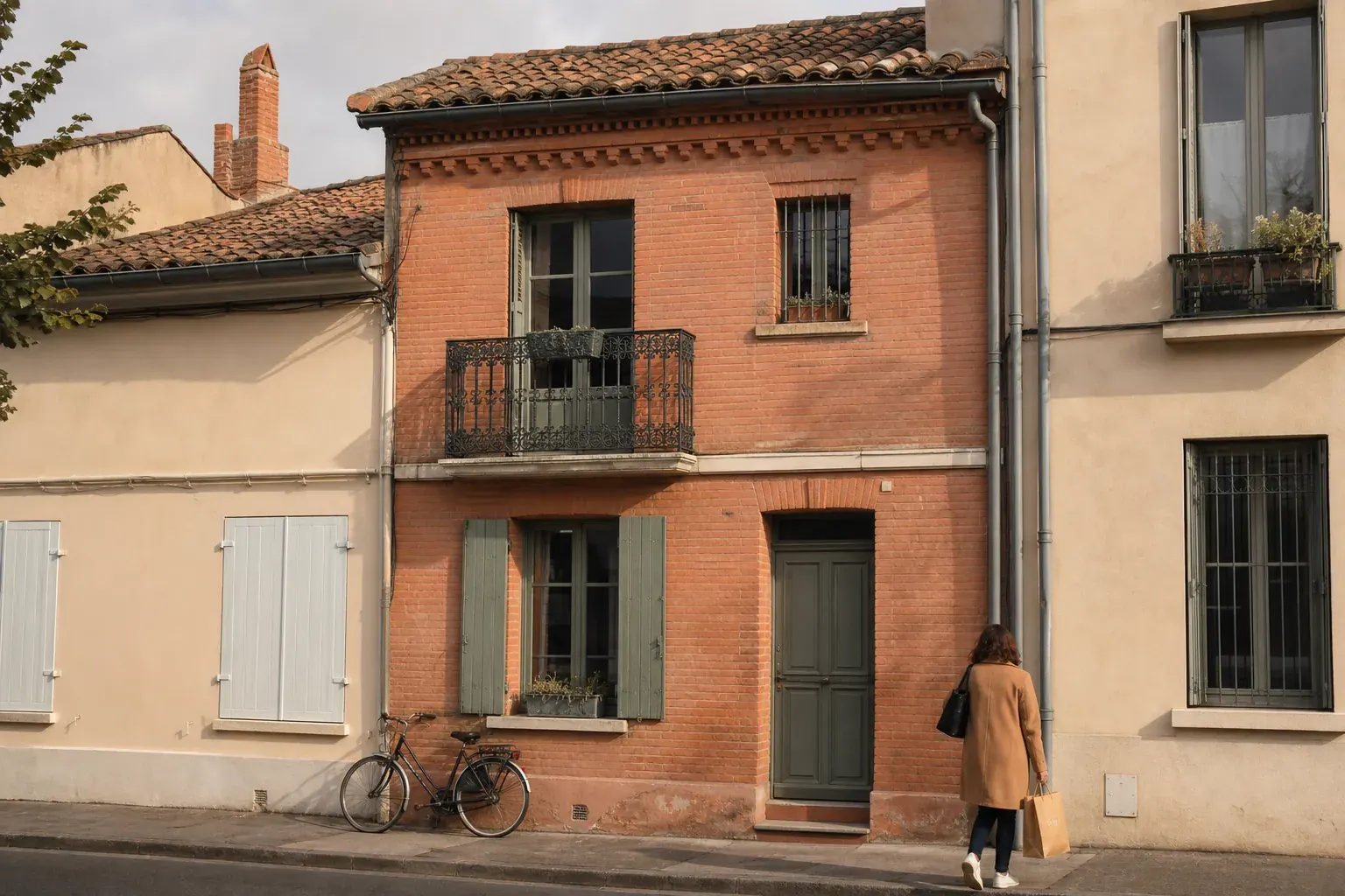 Maison de ville toulousaine en brique foraine sur deux niveaux, génoise et couverture en tuile canal