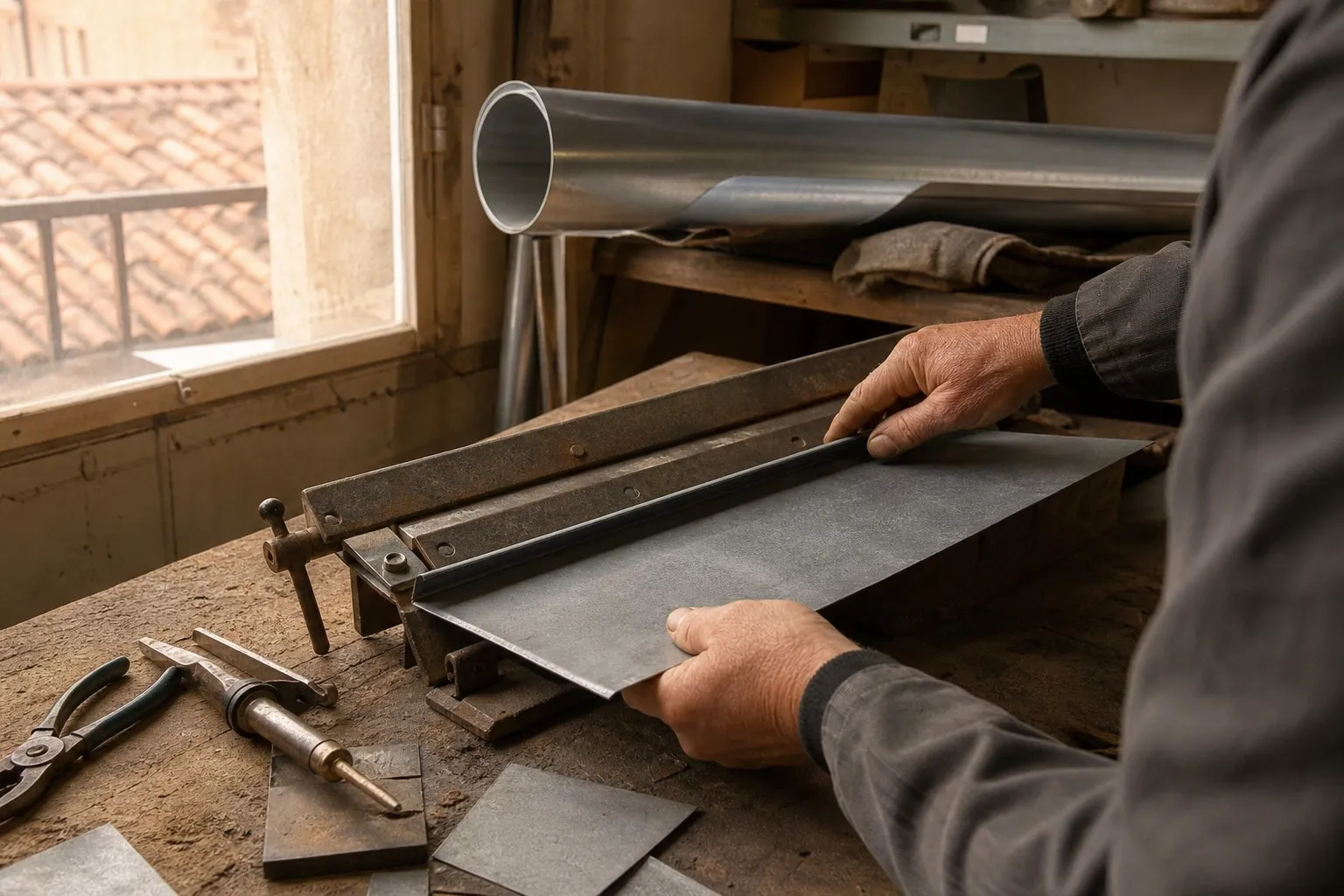 Couvreur zingueur pliant une feuille de zinc à la plieuse, sur un établi de chantier