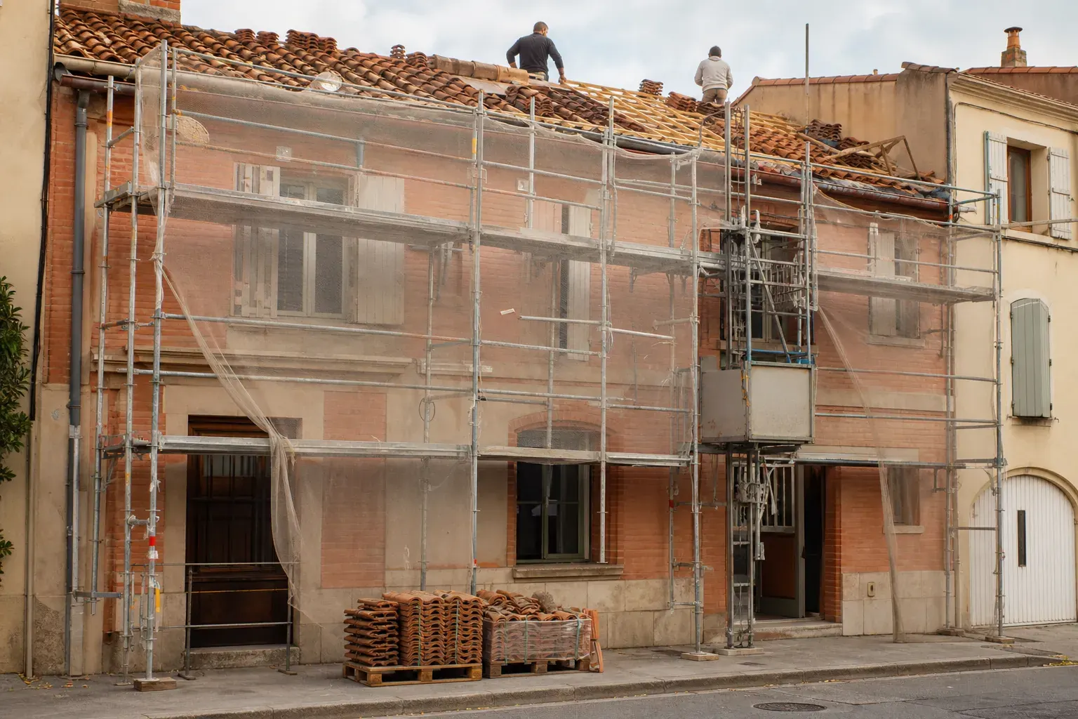 Échafaudage monté le long d’une façade de brique, bâche de chantier et toiture en travaux au-dessus