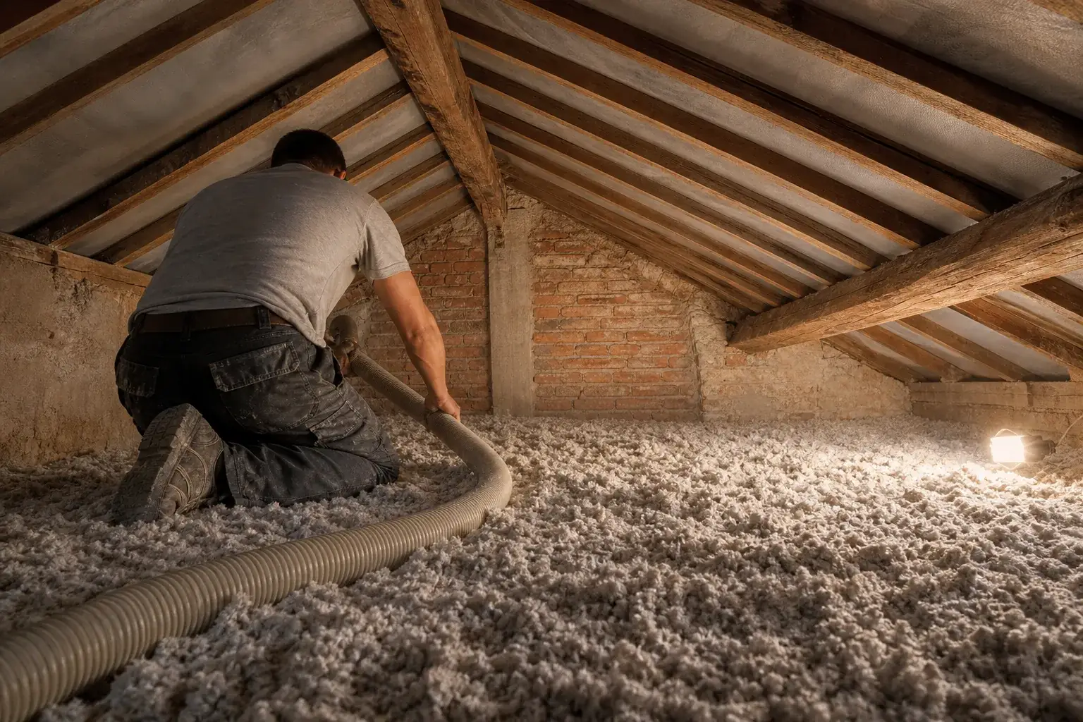 Soufflage d’isolant en flocons dans un comble perdu, flexible en main et plancher déjà couvert