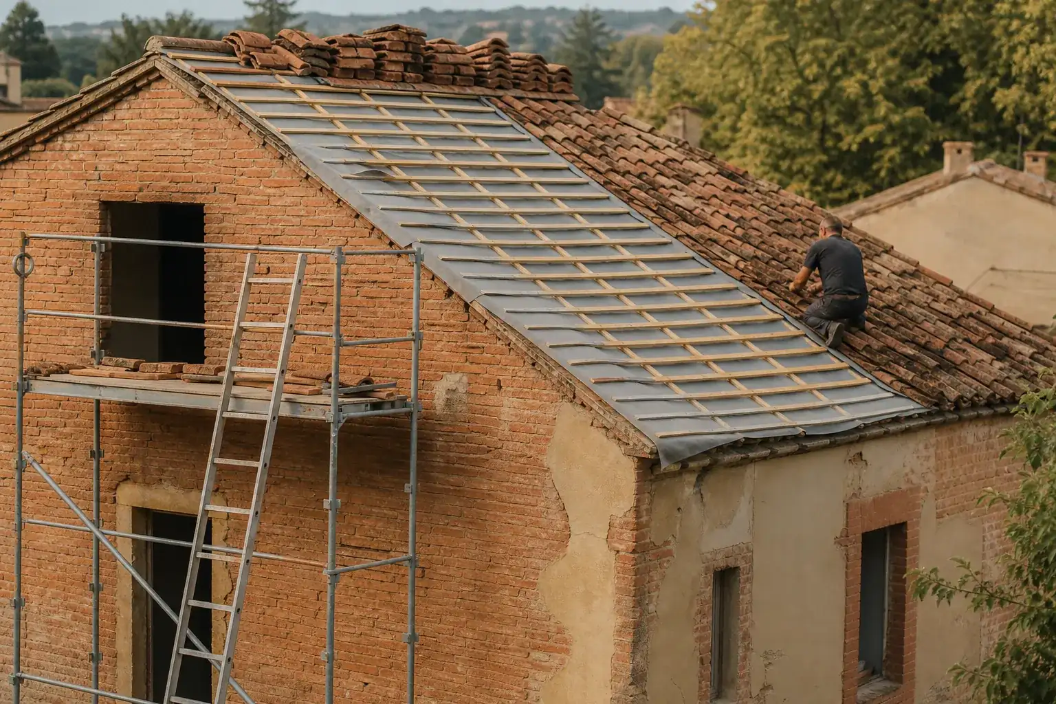 Toiture déposée en cours de rénovation, liteaux et écran de sous-toiture à nu sur toute la longueur du versant