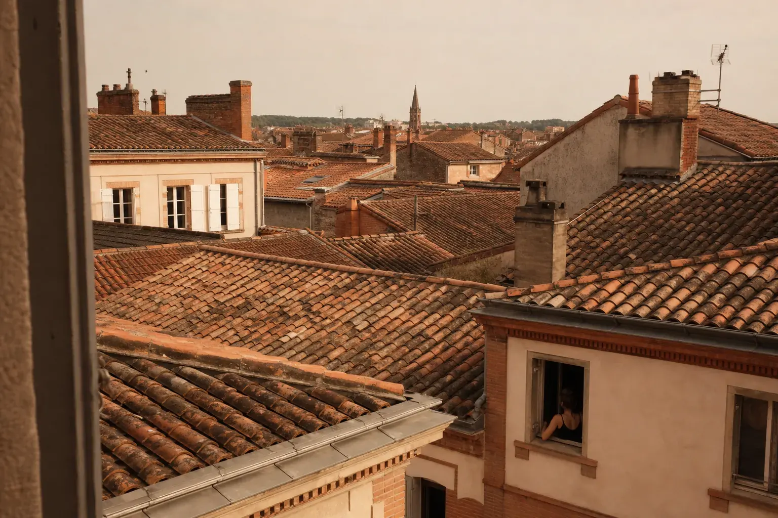 Vue en surplomb des toits de tuiles canal de l’agglomération toulousaine, cheminées de brique et versants de teintes mêlées