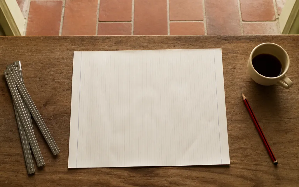Devis ventilé poste par poste posé à plat sur une table, mètre et crayon à côté