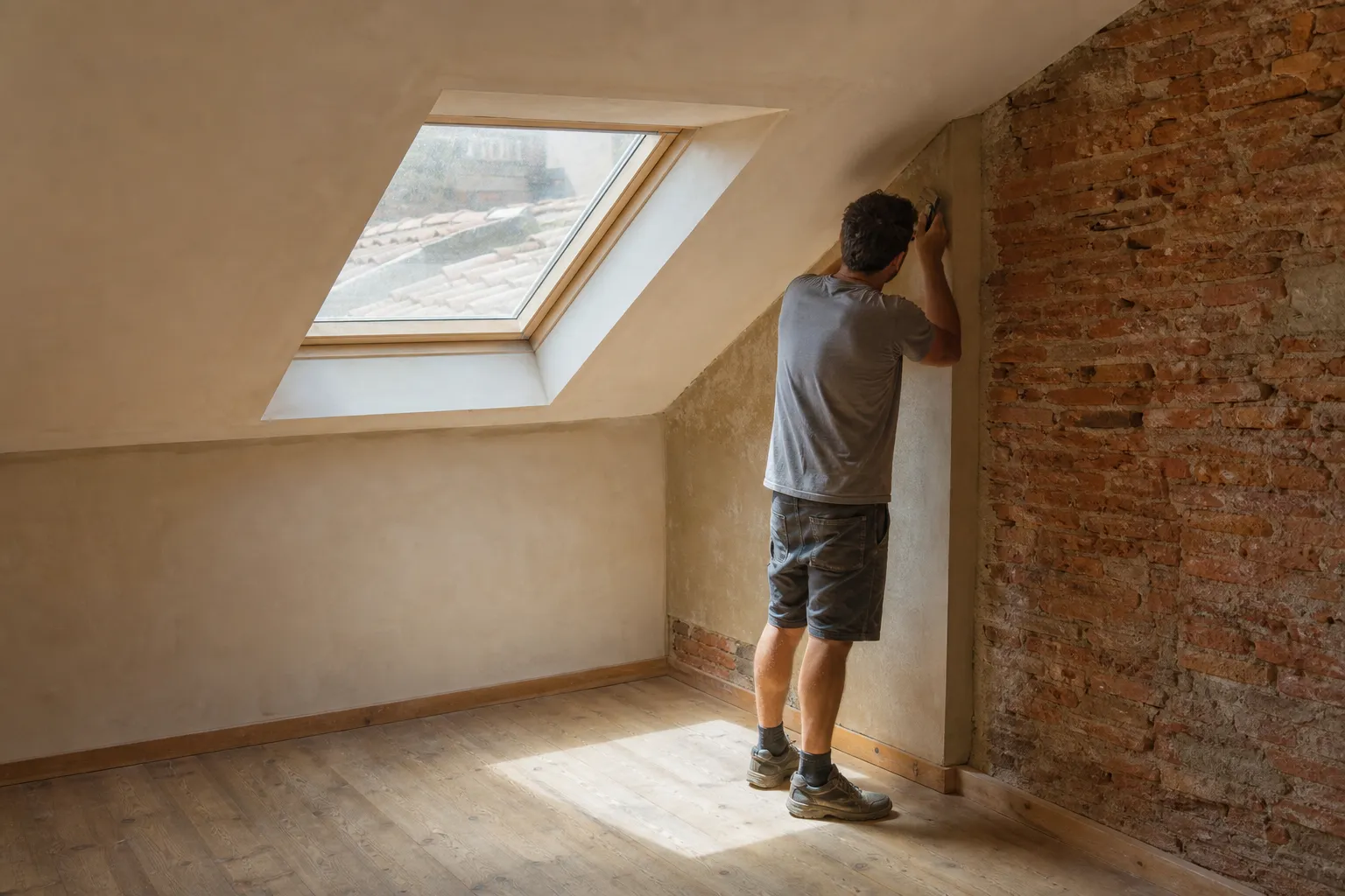 Fenêtre de toit vue depuis l’intérieur d’un comble, ébrasement fini et lumière rasante sur le plancher