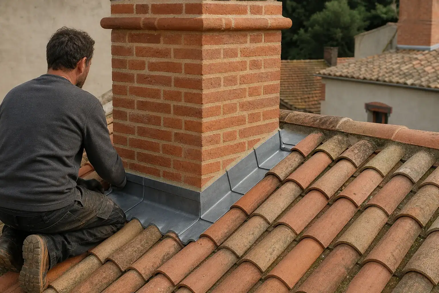 Solin refait au pied d’une souche de cheminée en brique, bande de zinc engravée dans le mur